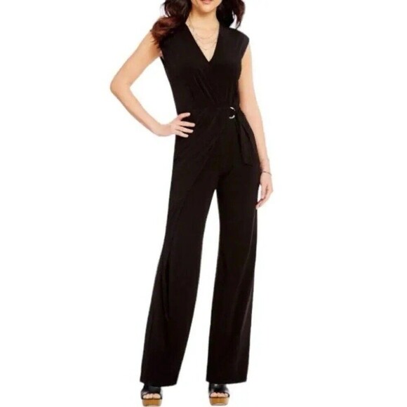 Michael Kors Wrap Front Wide Leg Holiday Jumpsuit L Black RT$140 Cocktail Party - Picture 1 of 7